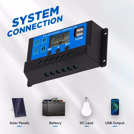 PWMソーラー充電コントローラ12V/24V、45Aスマートソーラーパネルコントローラ、LCDディスプレイおよびUSBポート付き、自動回復回路保護付きソーラー充電レギュレータ